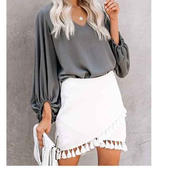 Womens High Waist Wrap Front Tassel Hem Mini Skirt - Picture 3 of 6